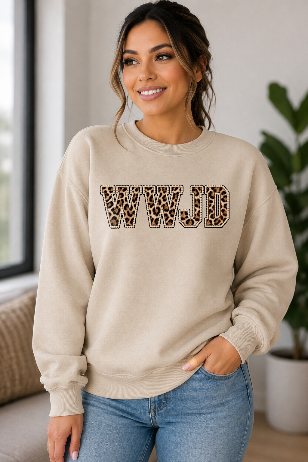 WWJD Leopard Pearl - Tan Sweatshirt